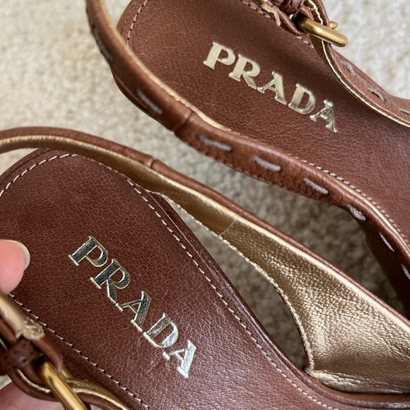 Vintage Prada 90s Logo Raffia Buckle Leather Slingback Sandals Heels Brown 35 5 - Picture 5 of 11